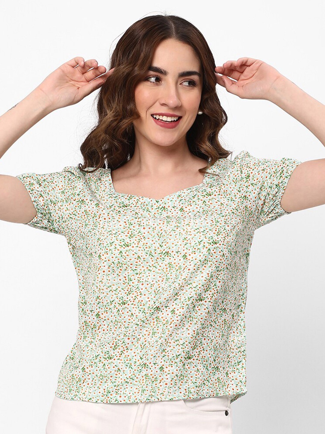 

R&B Floral Printed Puff Sleeve Top, Green