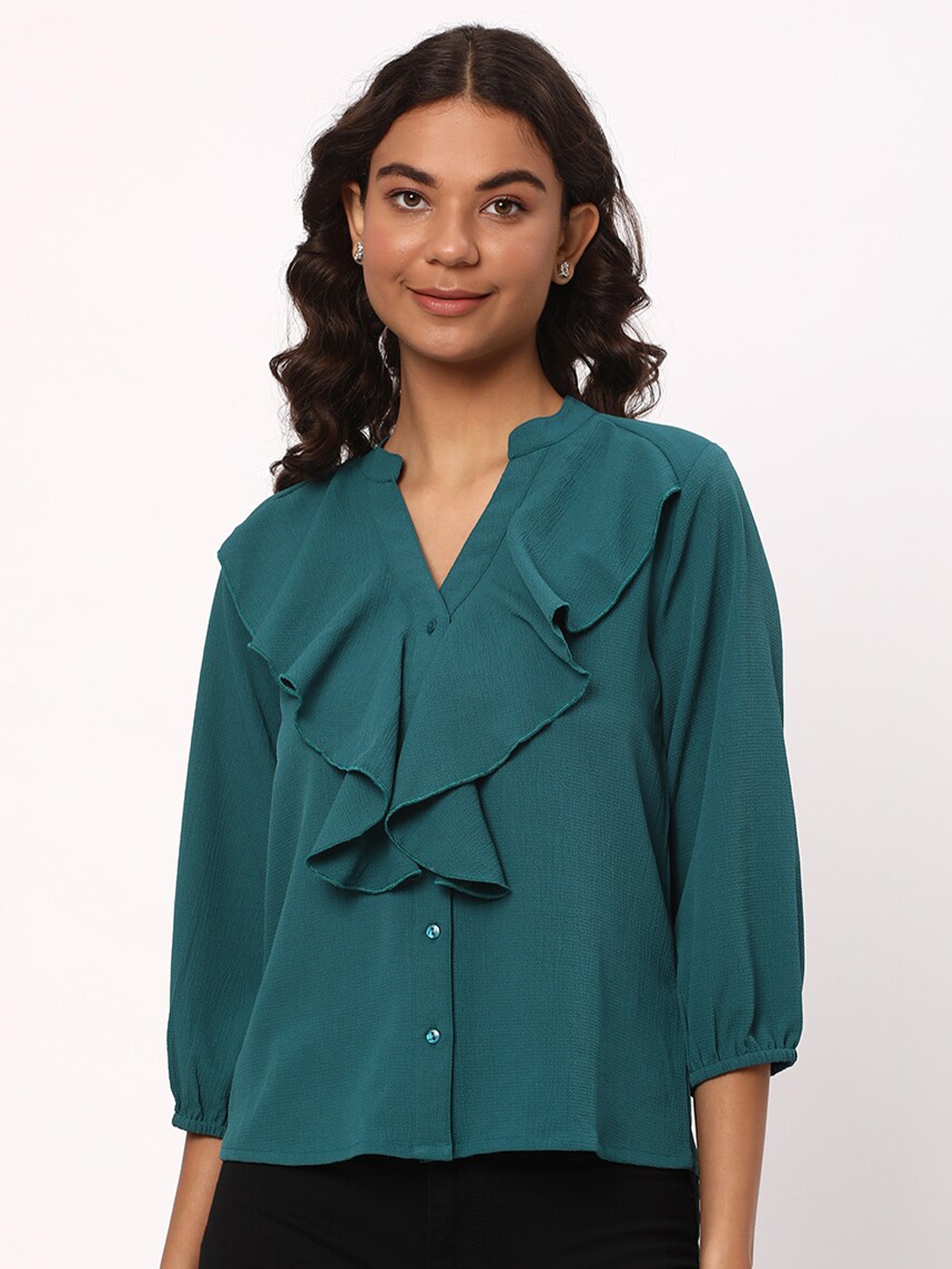 

R&B Mandarin Collar Ruffles Detail Top, Teal