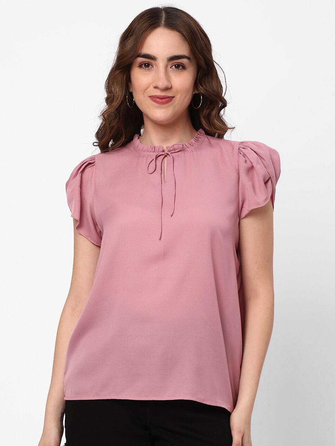 

R&B Tie-Up Neck Puff Sleeves Top, Pink