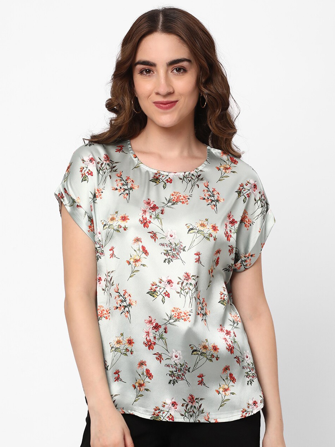 

R&B Floral Printed Extended Sleeves Top, Grey