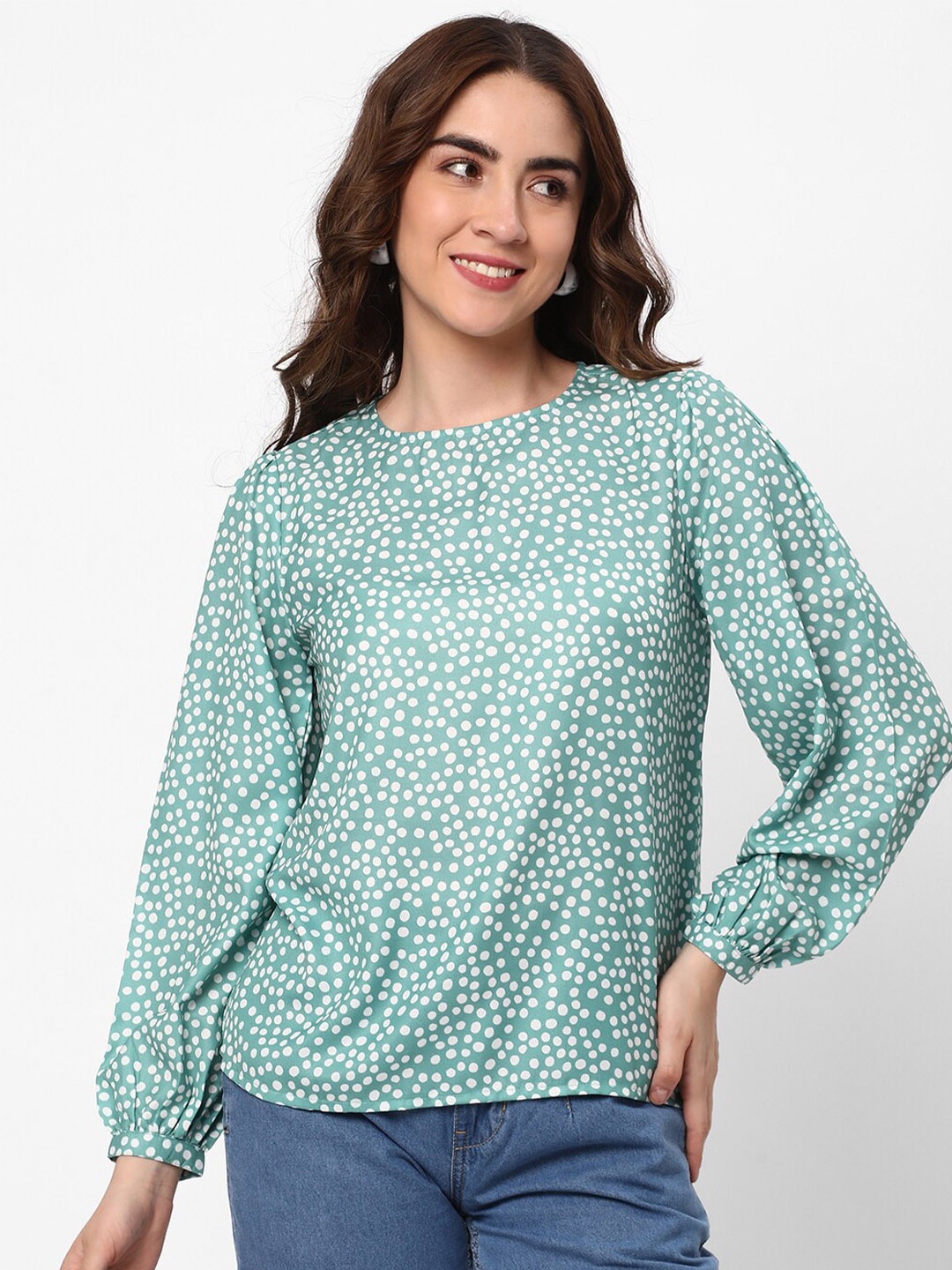 

R&B Printed Long Sleeves Cuffed Sleeves Top, Green