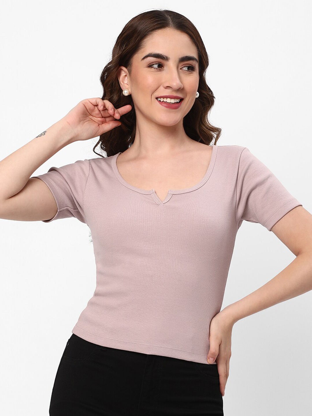 

R&B Ribbed Round Neck Fitted Top, Purple