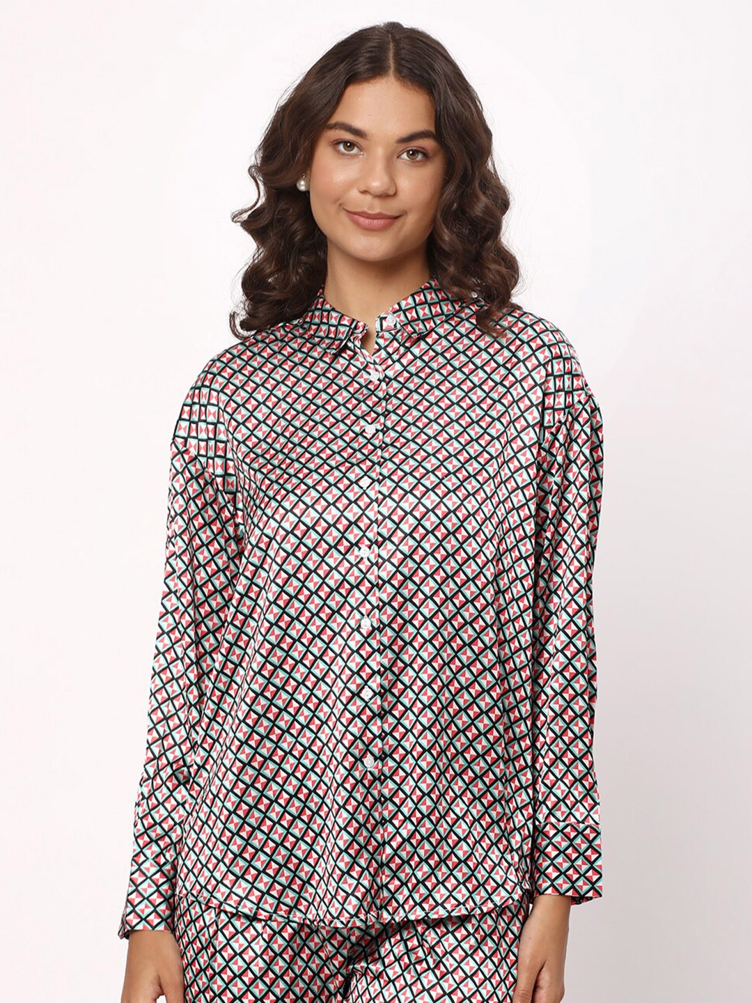 

R&B Geometric Printed Shirt Style Top, Red