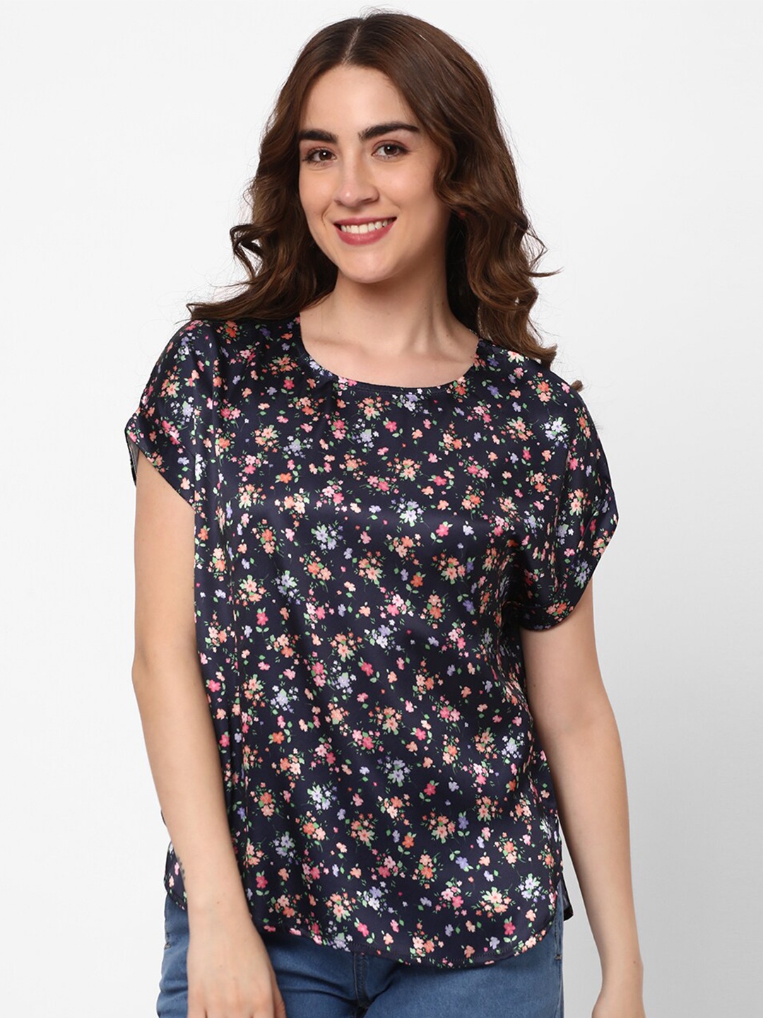 

R&B Floral Print Extended Sleeves Top, Blue