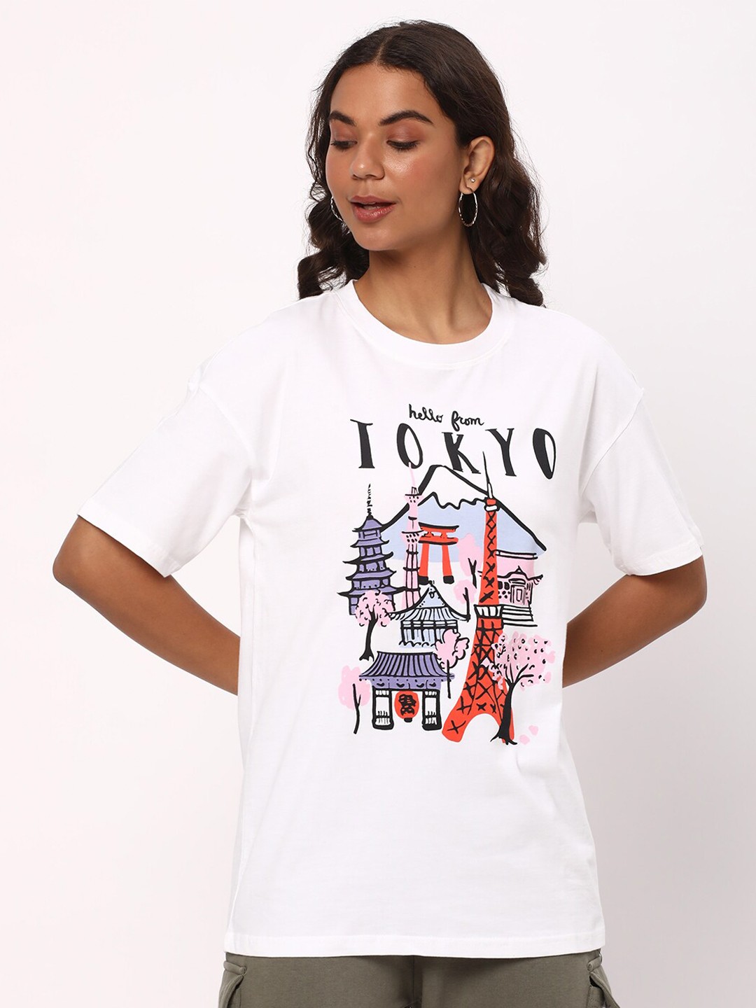

R&B Graphic Printed Cotton Drop-Shoulder Sleeves Tshirts, White