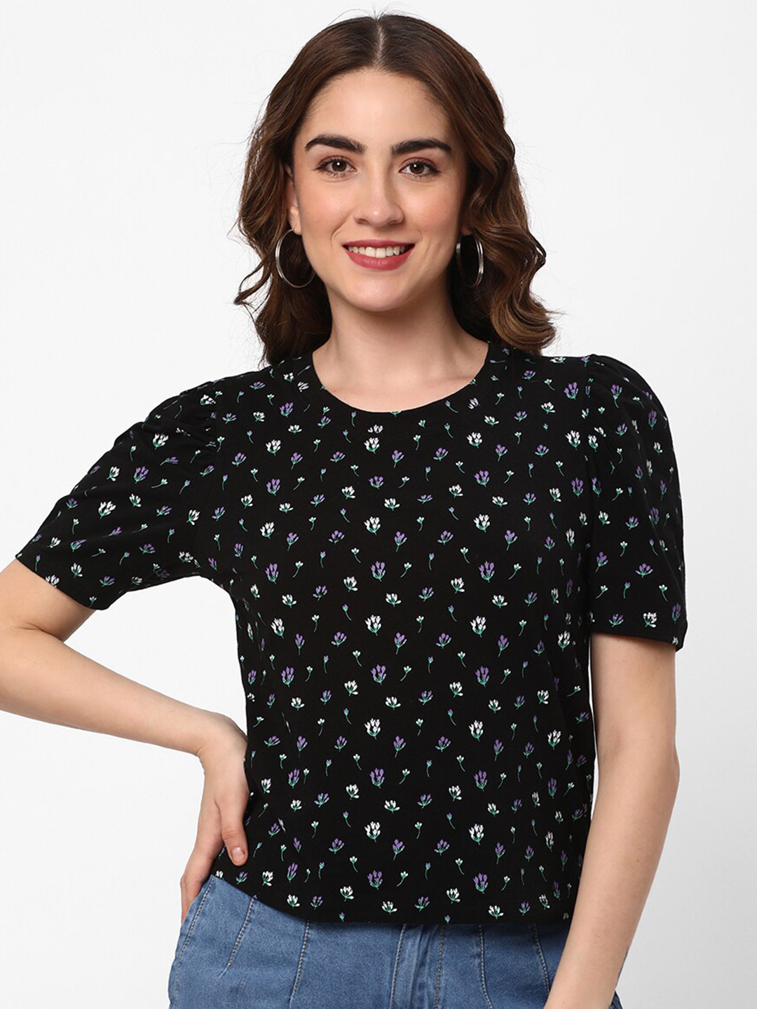

R&B Floral Printed Puff Sleeve Cotton Top, Black