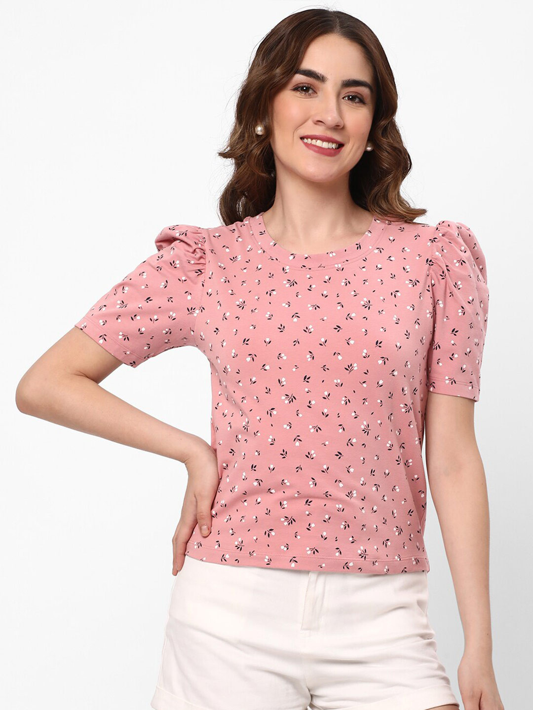 

R&B Pink Floral Printed Puff Sleeves Cotton Top