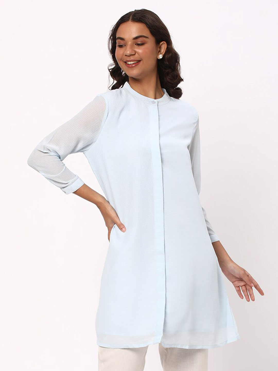 

R&B Mandarin Collar Long Sleeves Tunic, Green