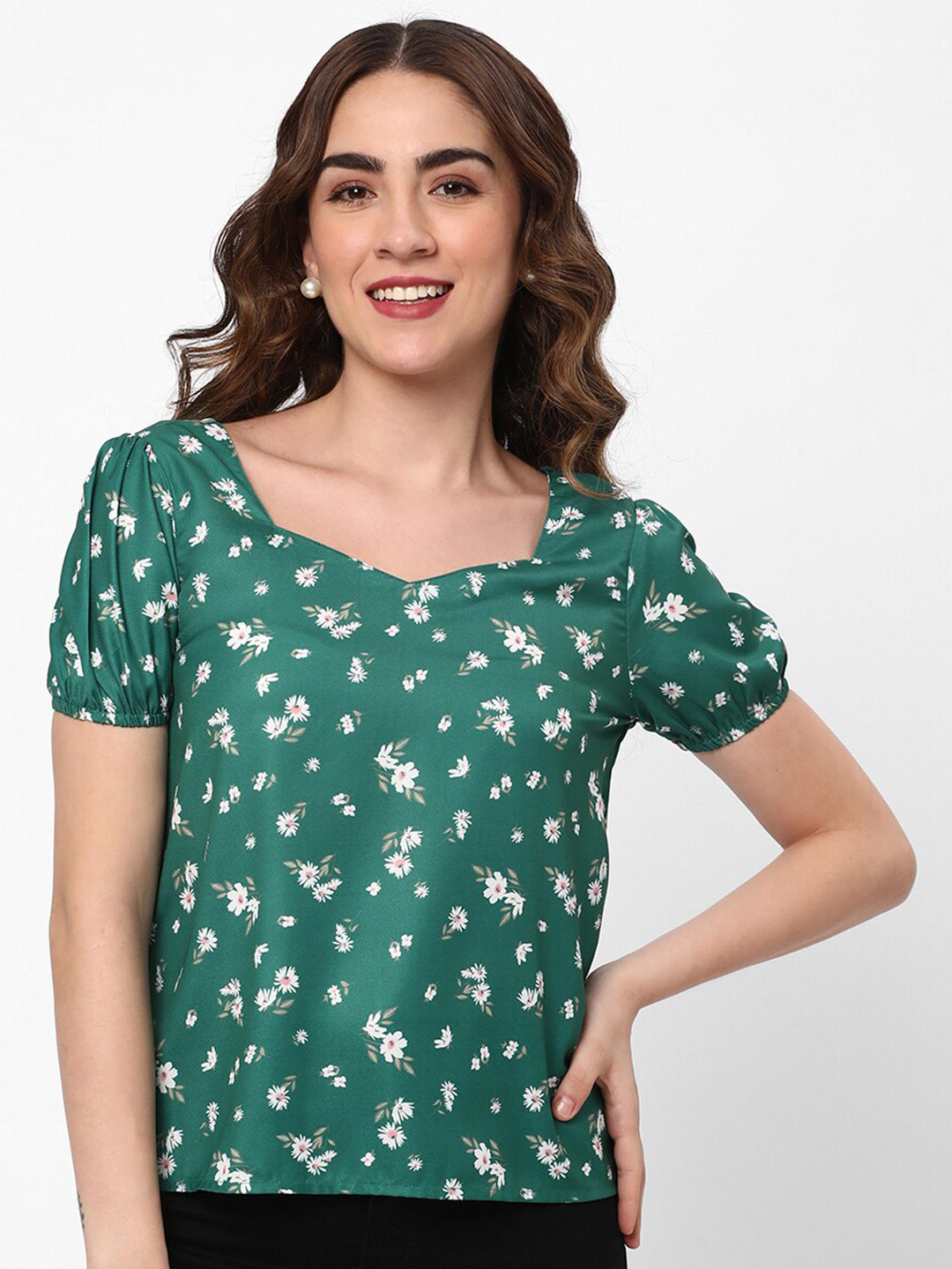 

R&B Floral Print Puff Sleeve Sweetheart Neck Regular Top, Green