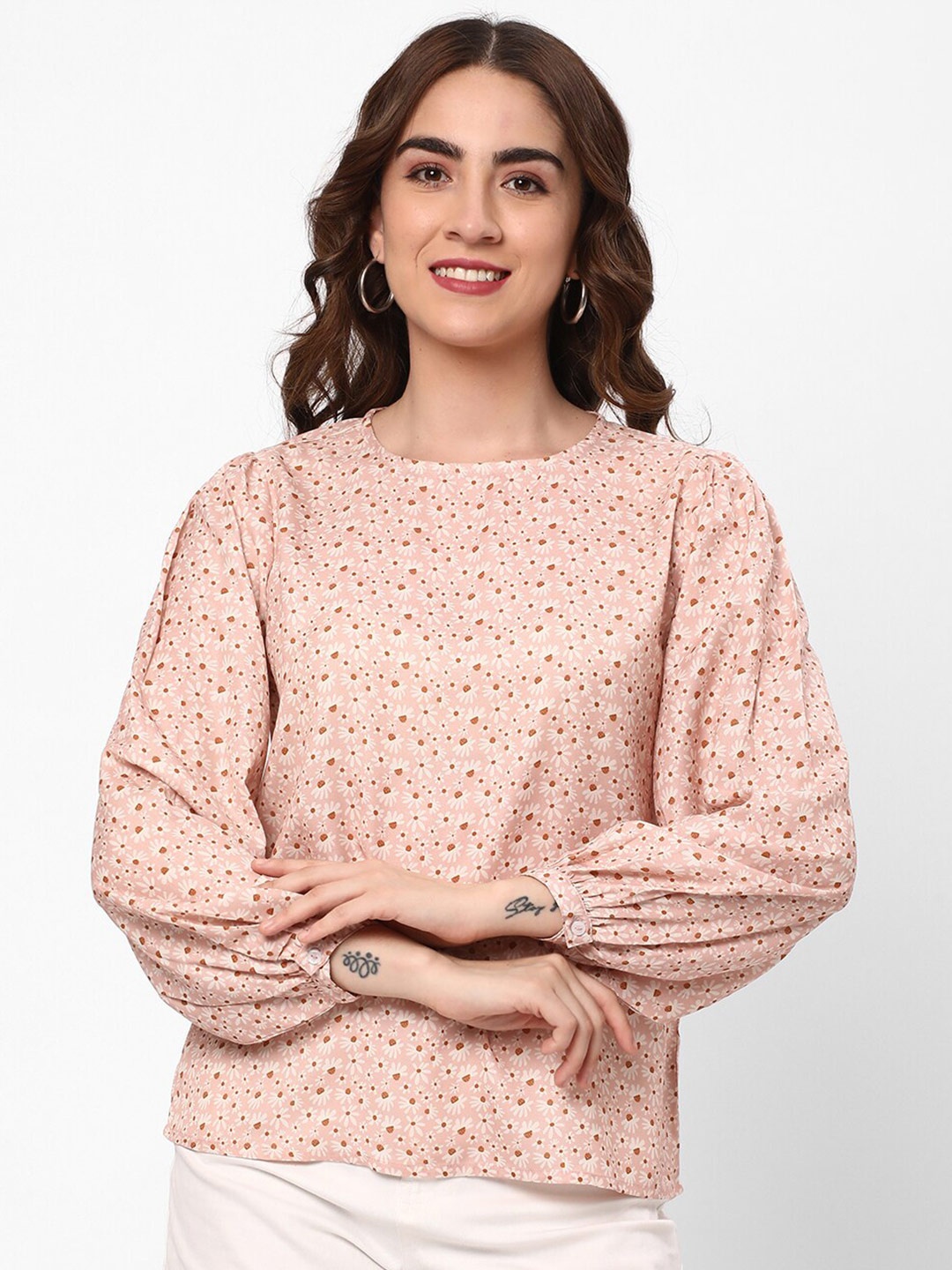 

R&B Floral Printed Cuffed Sleeve Top, Pink
