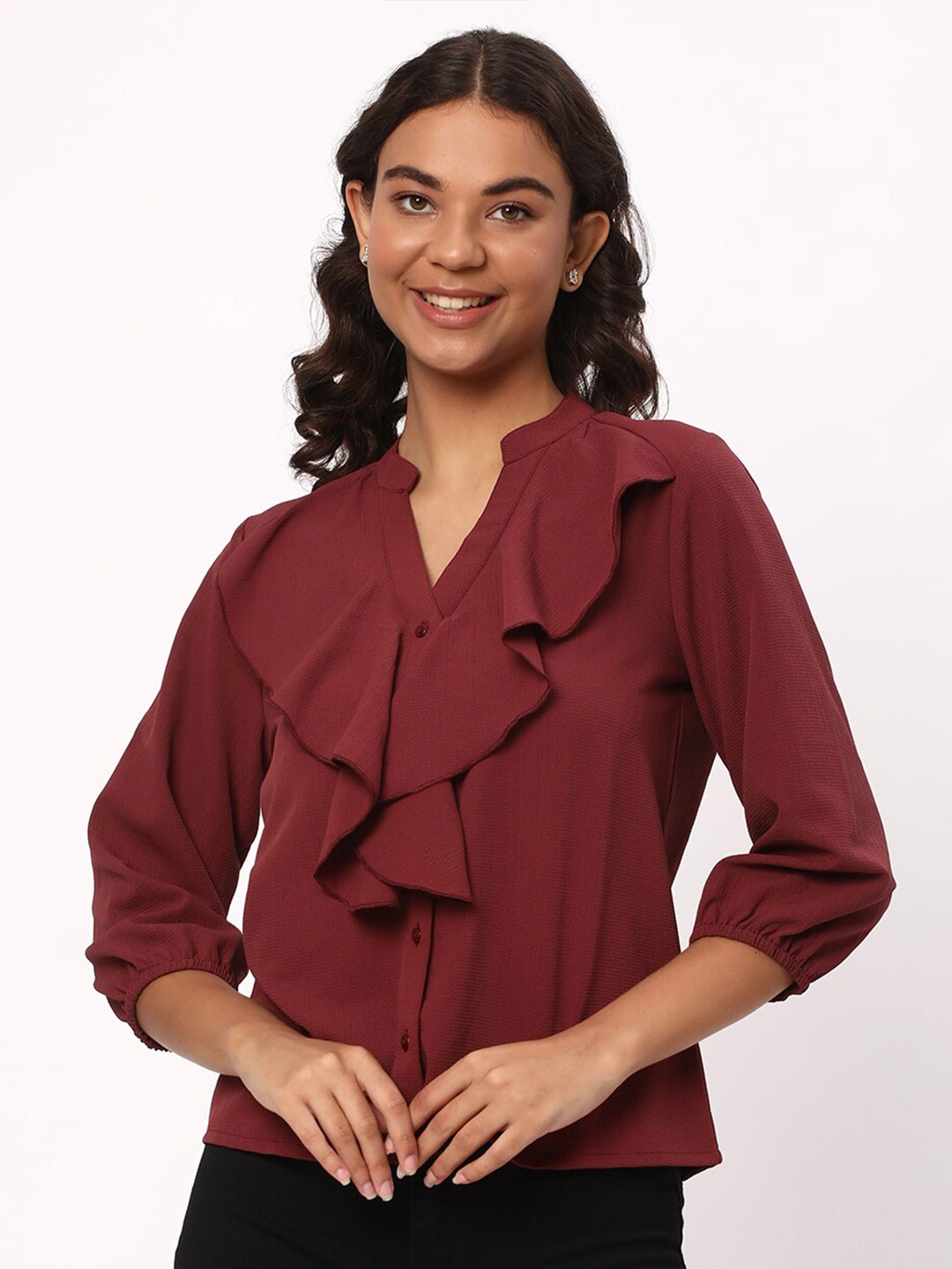 

R&B Mandarin Collar Ruffled Shirt Style Top, Maroon