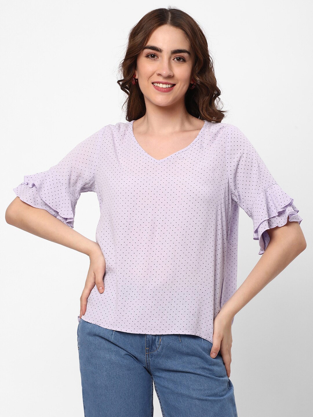 

R&B Polka Dot Printed Bell Sleeve Top, Purple