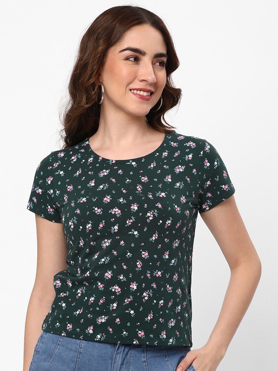 

R&B Floral Printed Round Neck Cotton Top, Green