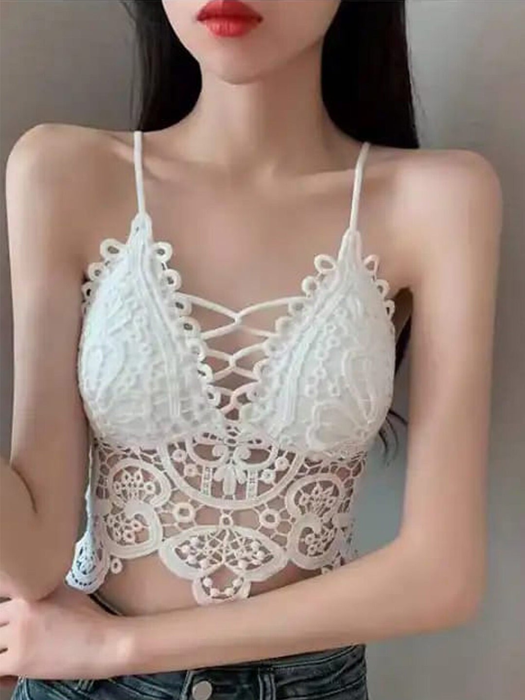 

Krelin Self Design Shoulder Straps Lace Inserts Cotton Bralette Crop Top, White
