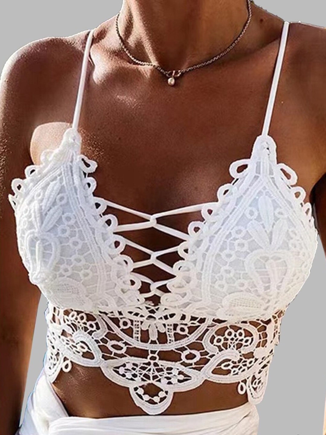 

Krelin Self Design Shoulder Straps Lace Inserts Cotton Bralette Crop Top, White