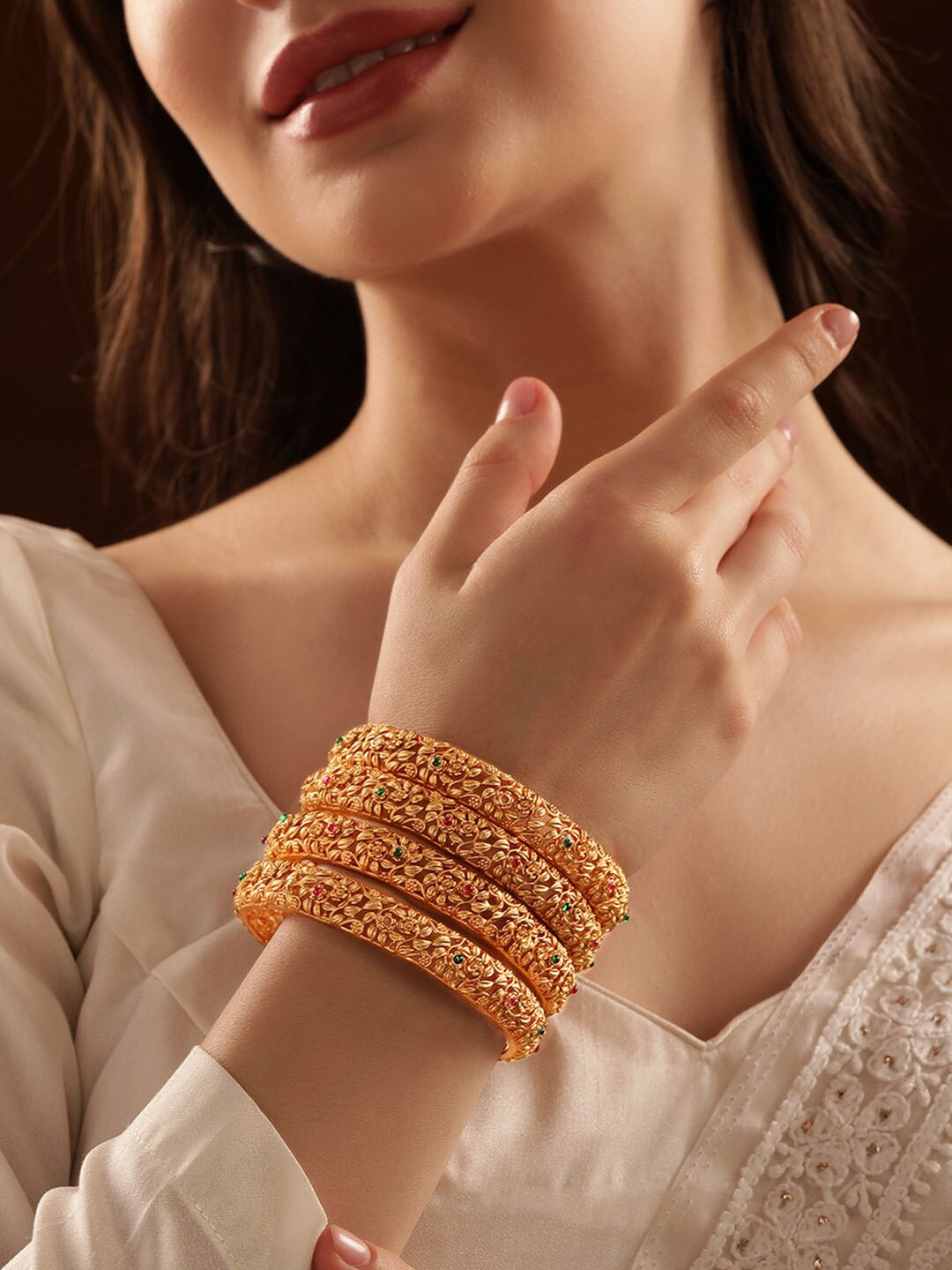 

Rubans Set Of 4 22K Gold-Plated Stone-Studded Bangles
