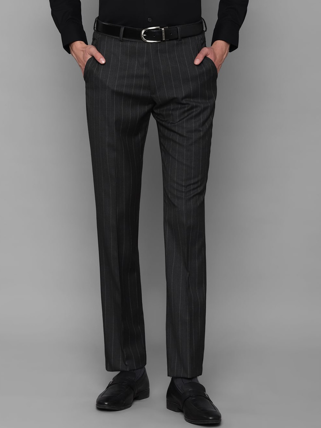 

Louis Philippe Men Striped Plain Flat-Front Slim Fit Formal Trousers, Grey