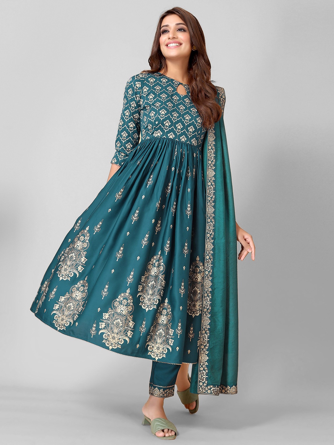 

SKYLEE Ethnic Motifs Printed Keyhole Neck Gotta Patti Empire Kurta With Trousers & Dupatta, Teal