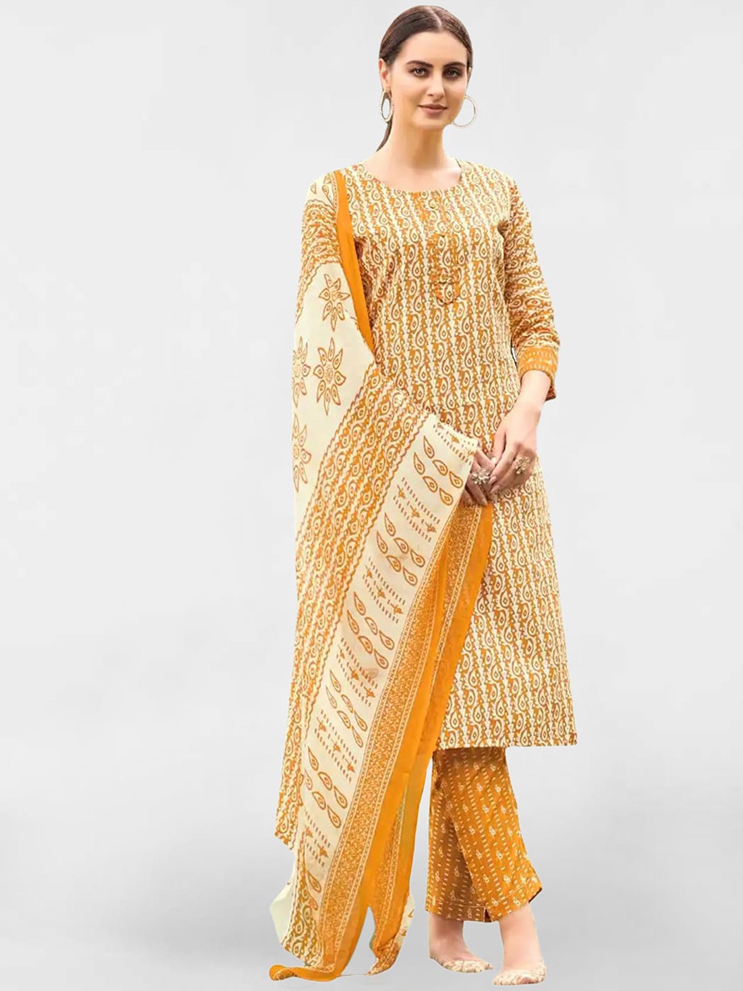 

SKYLEE Ethnic Motifs Printed Regular Kurta With Trousers & Dupatta, Mustard