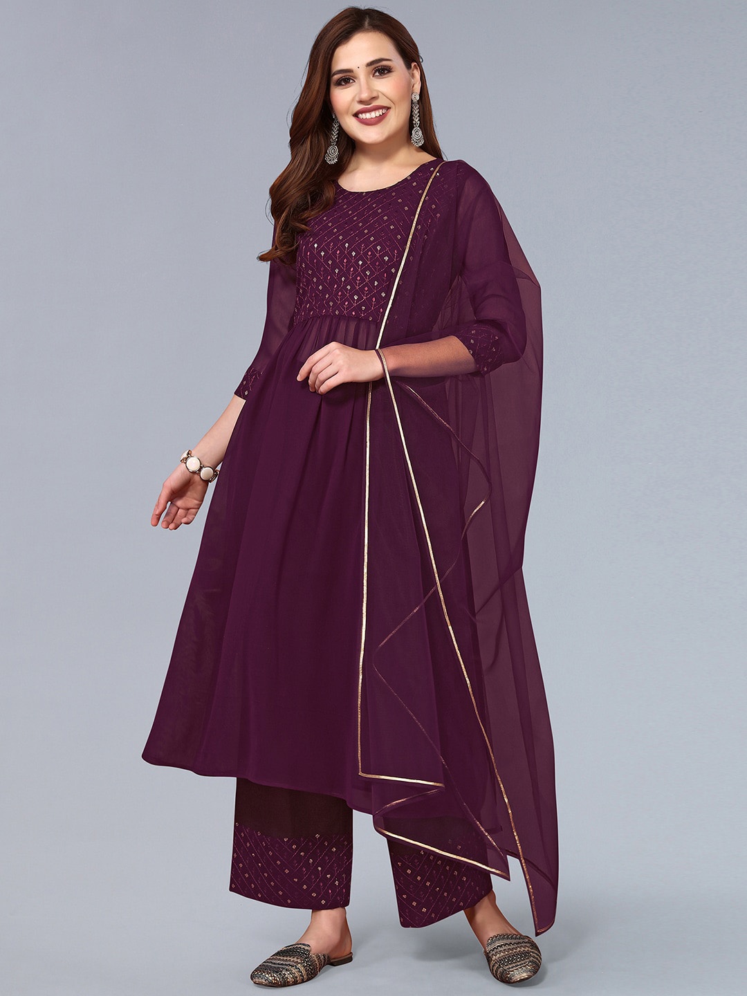 

SKYLEE Floral Embroidered Empire Sequinned Kurta With Palazzos & Dupatta, Purple