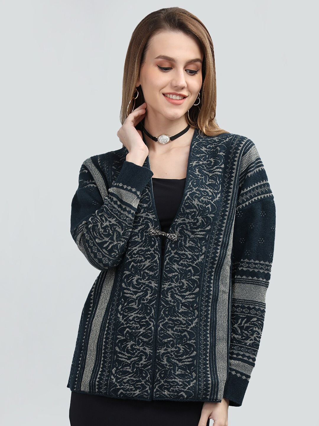 

Rage Self Design V-Neck Cardigan With Embellished Detail, Teal