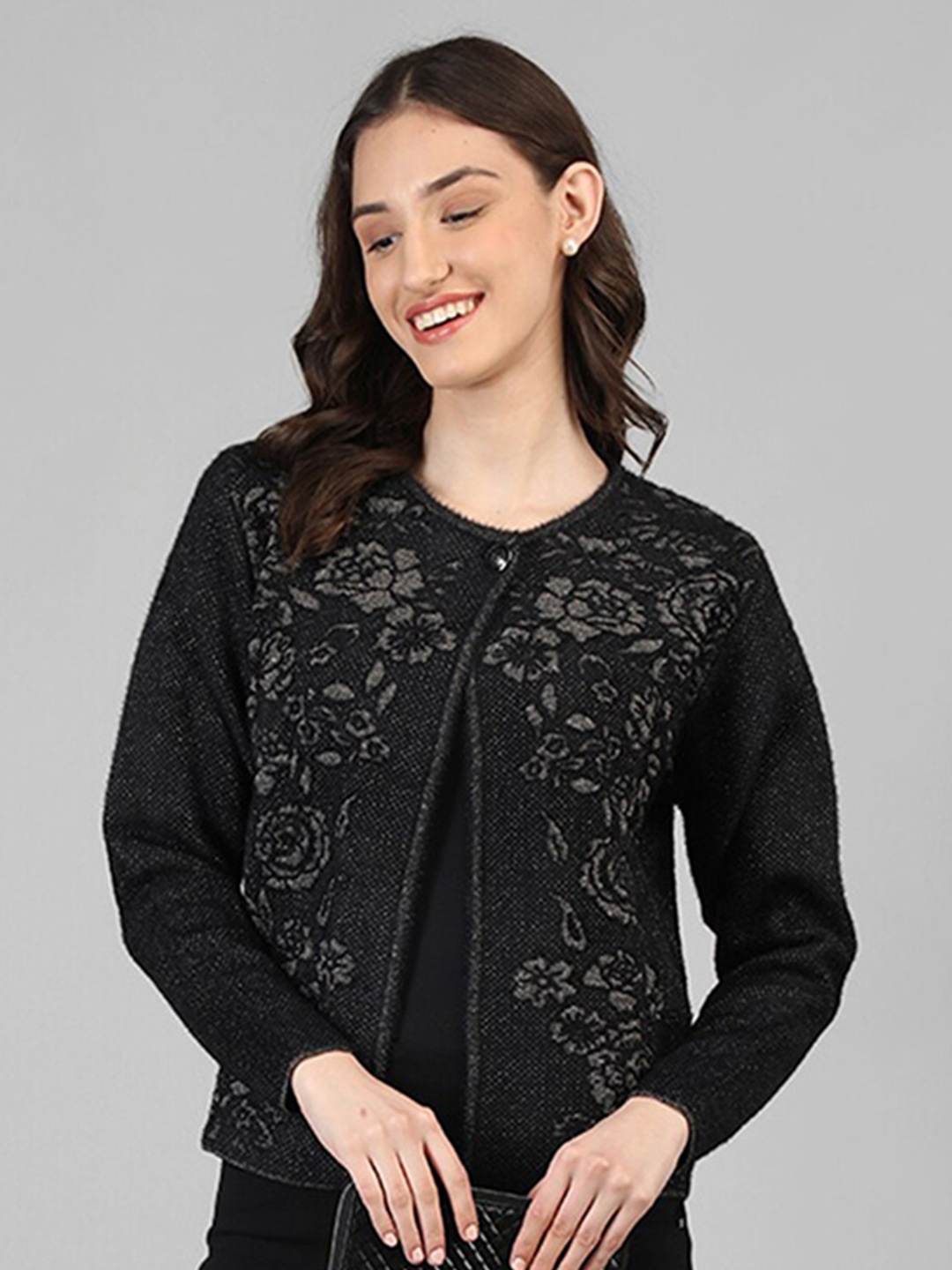 

Rage Floral Self Deign Round Neck Front-Open Sweater, Black