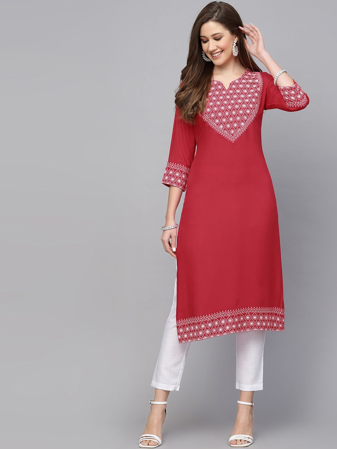 

SKYLEE Floral Yoke Design Regular Kurta with Trousers, Pink