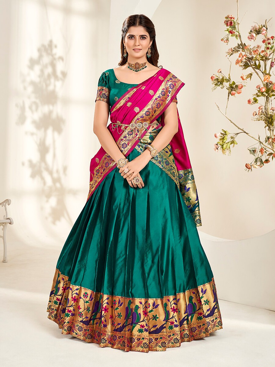 

SHOPGARB Floral Woven Design Lehenga & Unstitched Blouse With Dupatta, Green