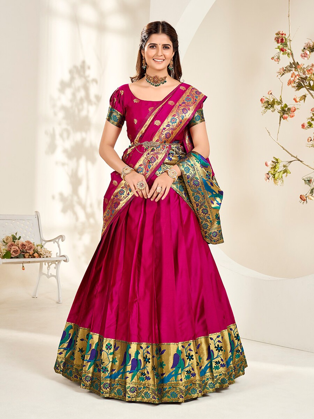 

SHOPGARB Zari Paithani Silk Semi Stitched Lehenga & Unstitched Blouse With Dupatta, Magenta