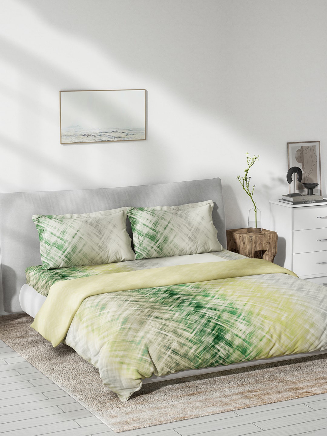 

DDecor Live Beautiful Green & Yellow Printed Pure Cotton Double Queen Bedding Set