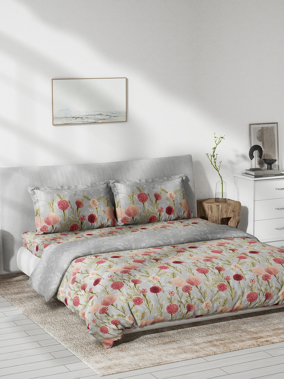 

DDecor Live Beautiful Grey & Pink Floral Pure Cotton Double Queen Bedding Set