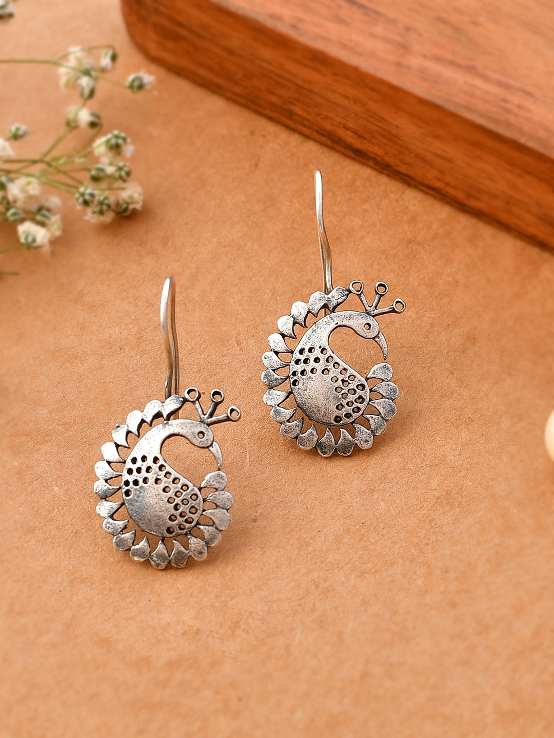 

AQUASTREET Silver-Plated Oxidised Peacock Shaped Drop Earrings