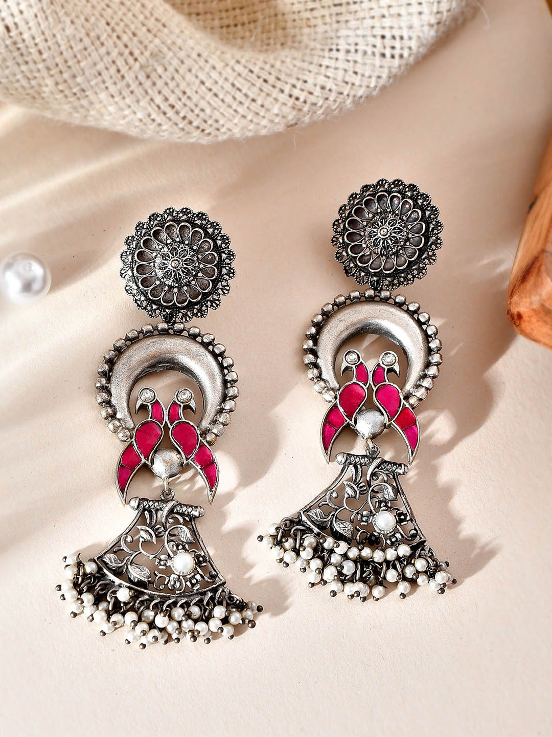 

AQUASTREET Silver-Plated Traditional Peacock Design Oxidised Drop Earrings