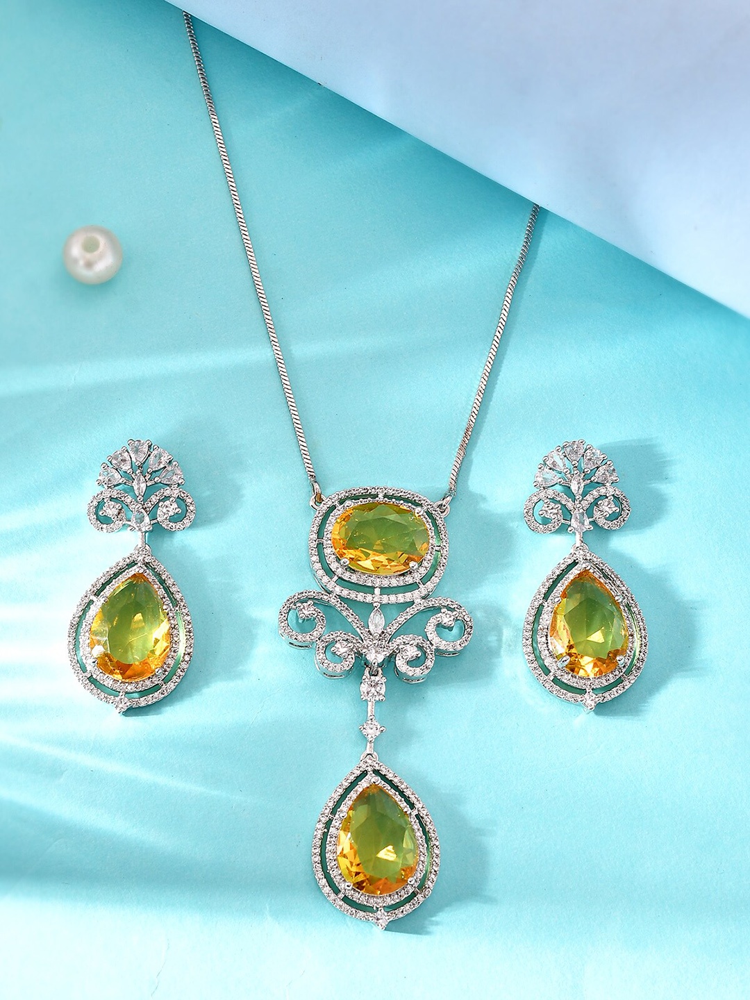 

AQUASTREET Silver-Plated AD Stone-Studded Pendant Chain Handcrafted Jewellery Set