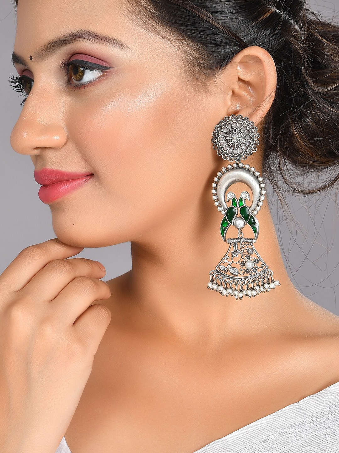 

AQUASTREET Silver-Plated Traditional Peacock Design Oxidised Drop Earrings