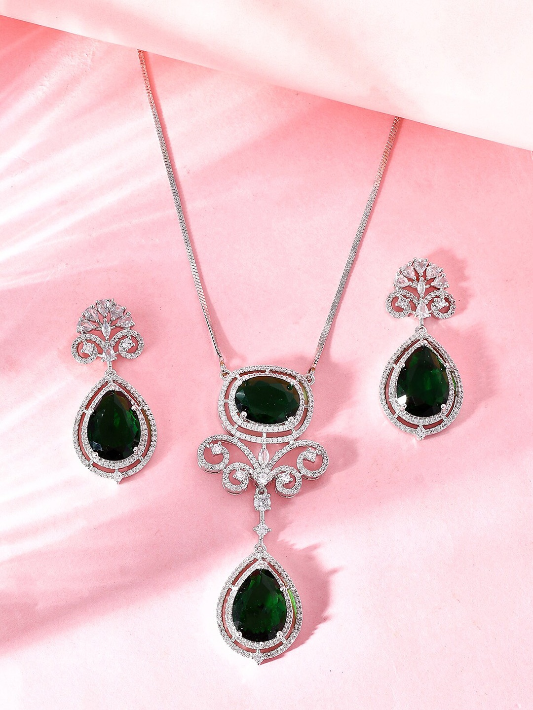 

AQUASTREET Silver-Plated AD Stone-Studded Pendant Chain Handcrafted Jewellery Set