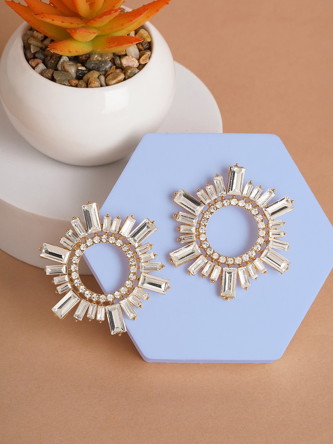 

AQUASTREET Gold-Plated Artificial Stones-Studded Geometric Studs Earrings