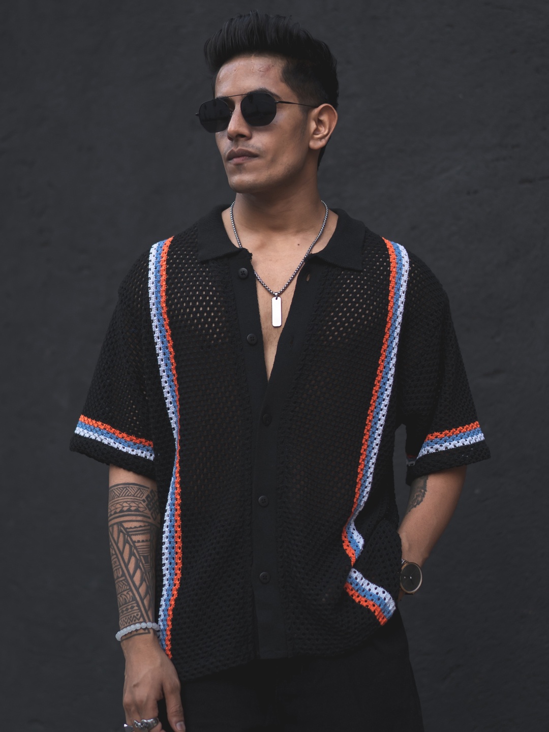 

Powerlook Black India Slim Self Design Sheer Oversized Casual Crochet Shirt