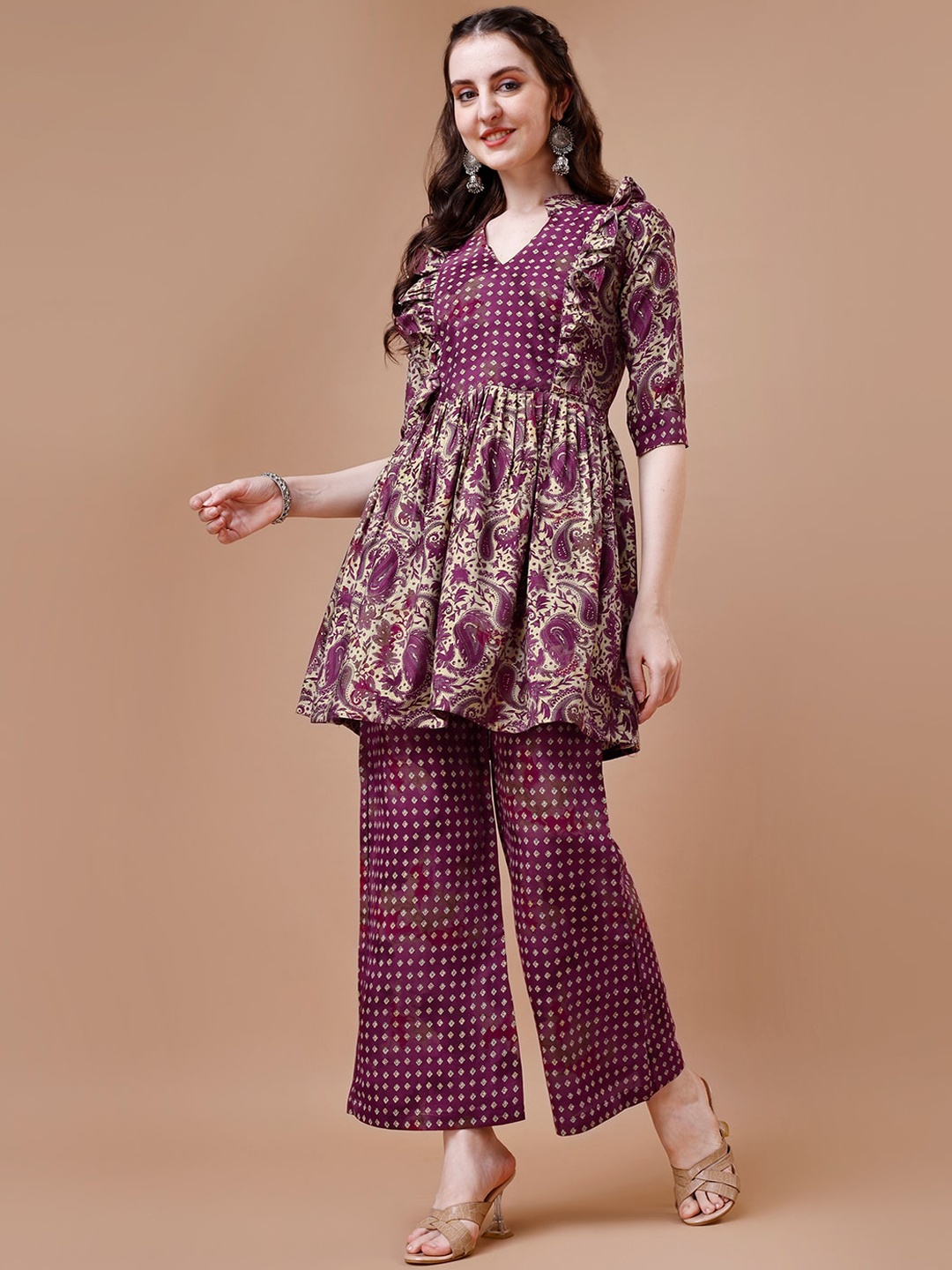 

KALINI Paisley Printed Pure Silk Pleated A-Line Kurta With Palazzos, Purple