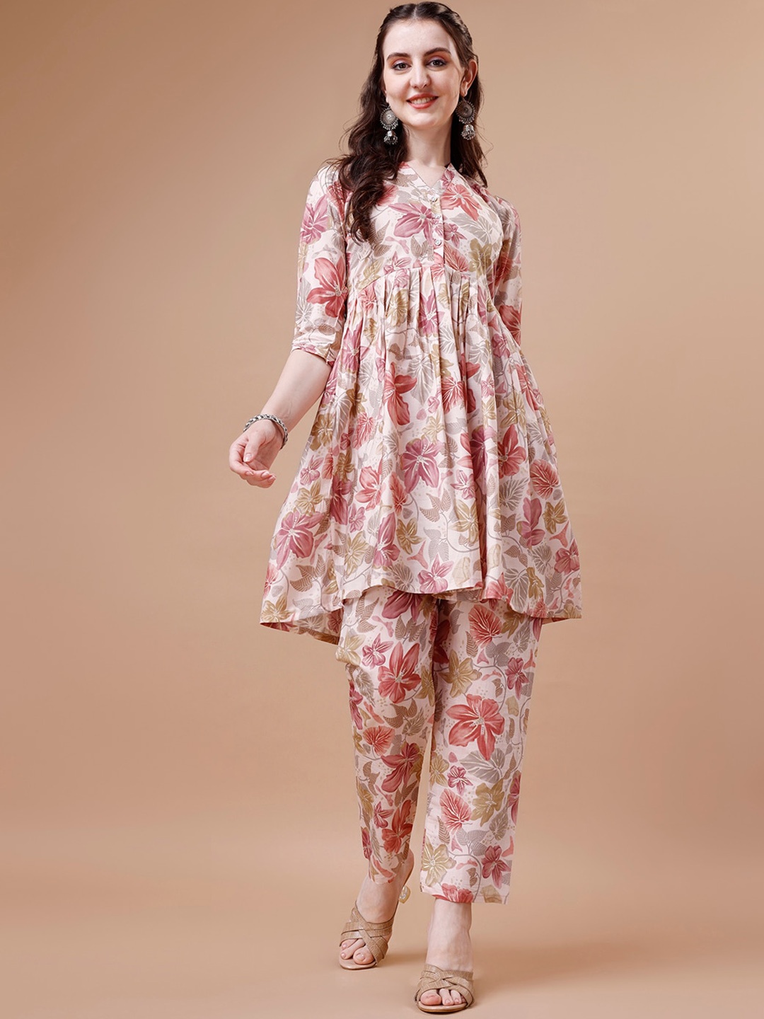 

KALINI Floral Printed Pure Silk Pleated A-Line Kurta With Trousers, Pink