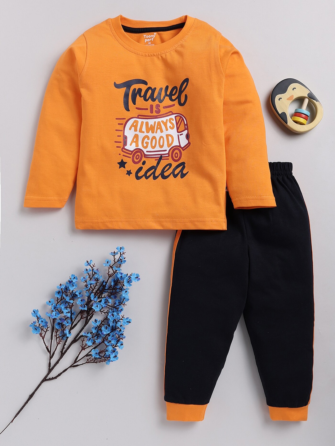 

Toonyport Boys Printed Pure Cotton T-shirt With Trousers, Orange