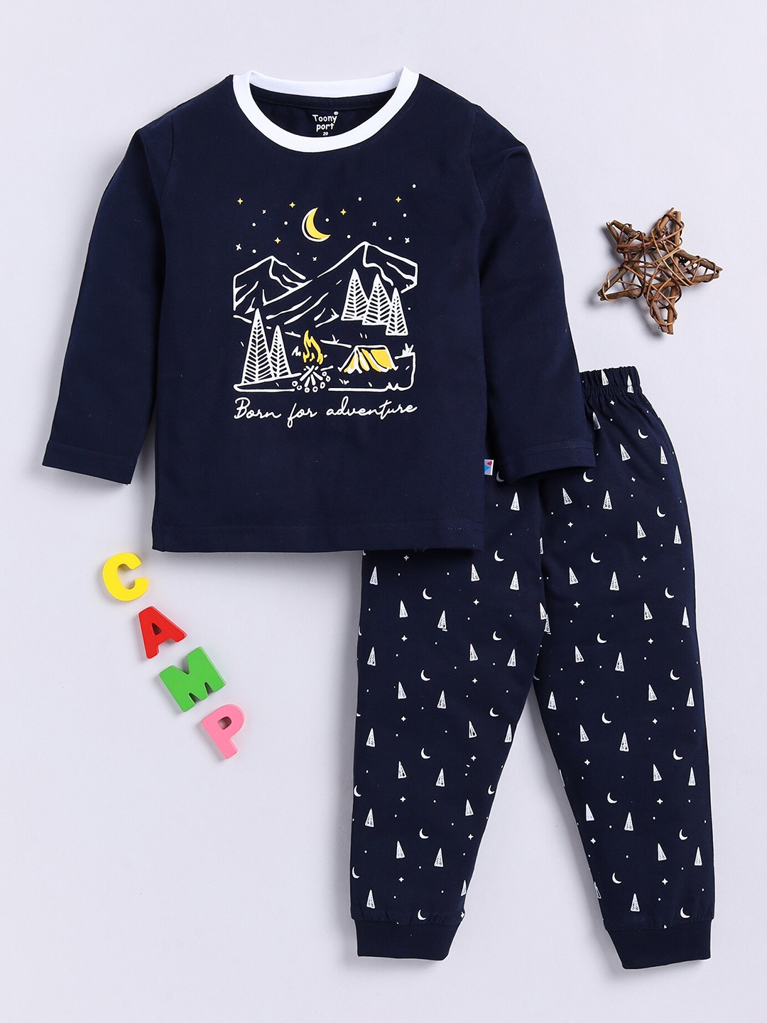 

Toonyport Boys Printed Pure Cotton T-shirt With Trousers, Navy blue