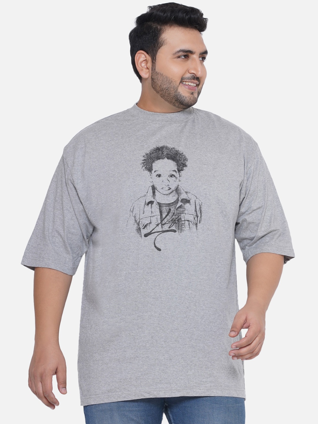 

Santonio Plus Size Graphic Printed Drop-Shoulder Sleeves Pure Cotton Casual T-shirt, Grey