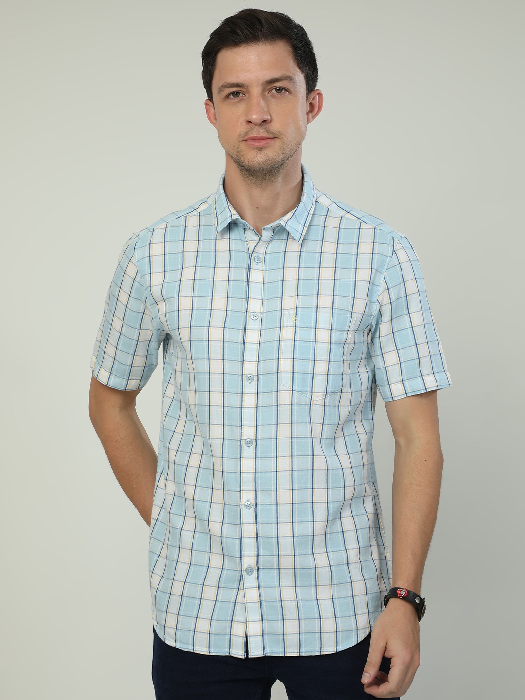 

Classic Polo India Slim Slim Fit Tartan Checked Spread Collar Pocket Cotton Casual Shirt, Blue