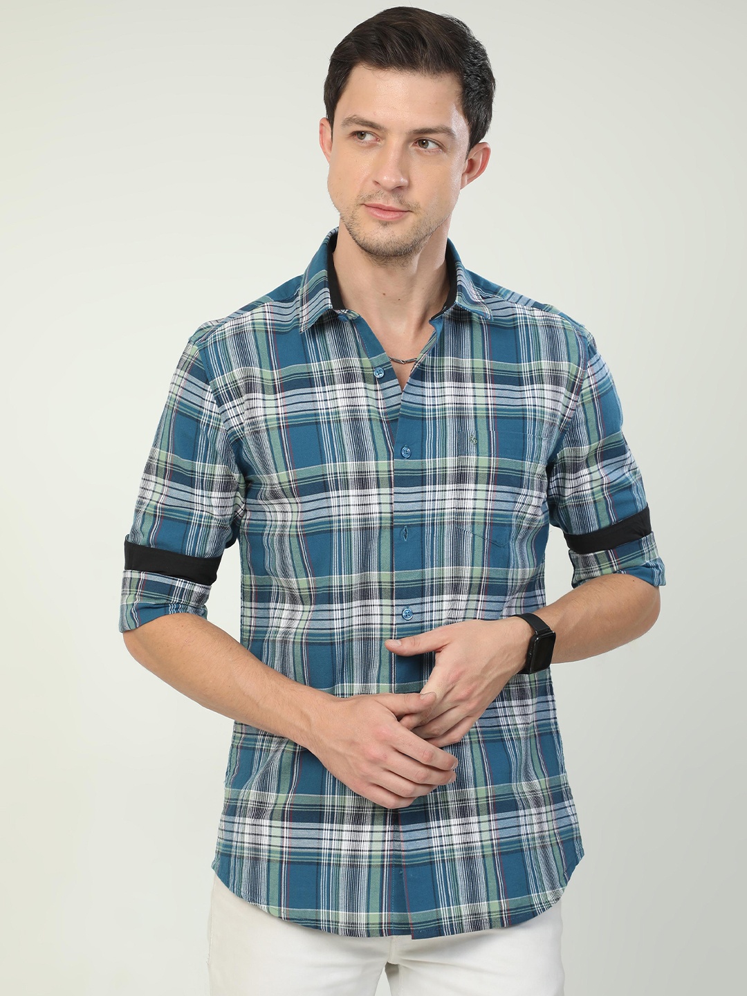 

Classic Polo India Slim Tartan Checks Cotton Casual Shirt, Green