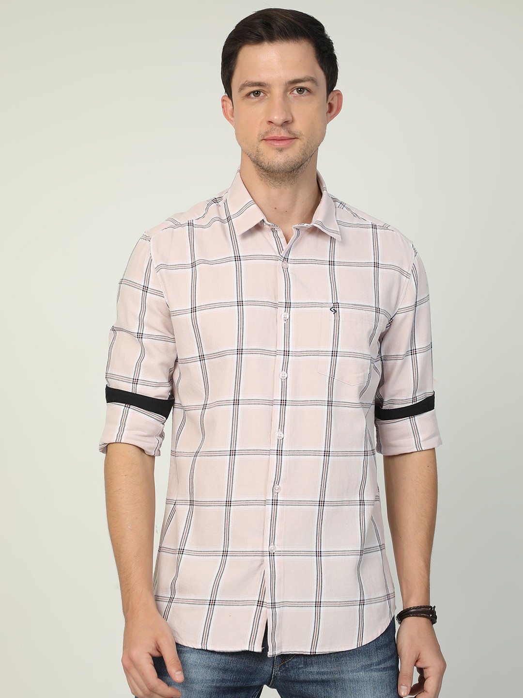 

Classic Polo India Slim Windowpane Checks Slim Fit Cotton Casual Shirt, Beige