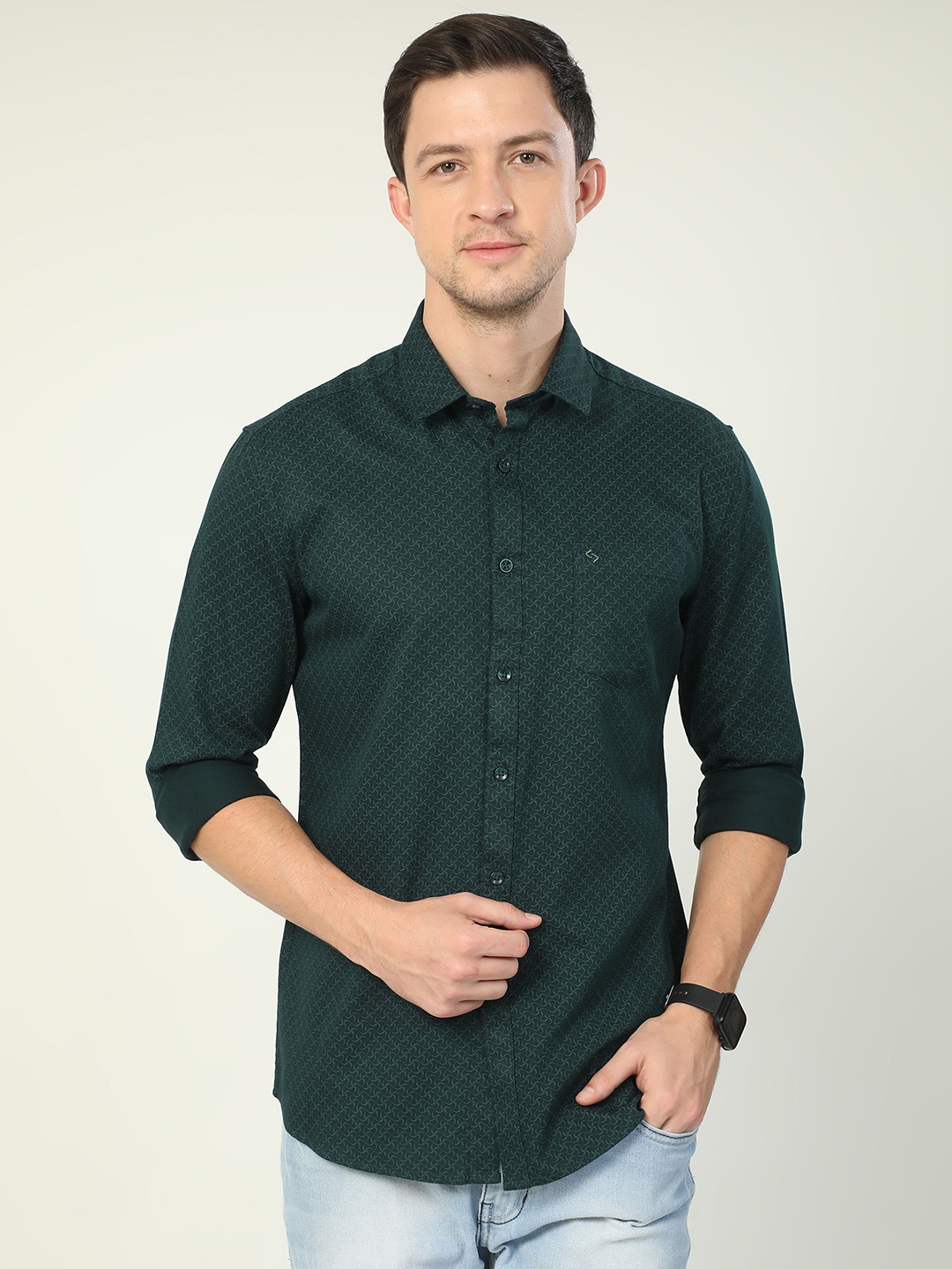 

Classic Polo MIndia Slim Micro Ditsy Printed Cotton Casual Shirt, Green
