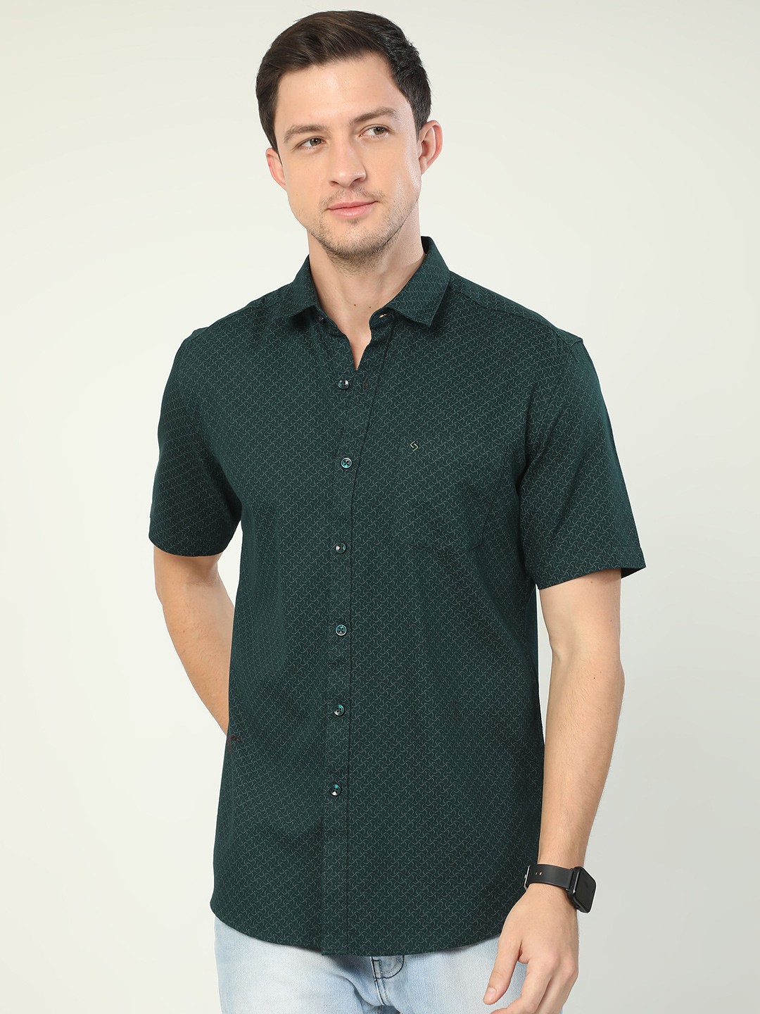 

Classic Polo India Slim Micro Ditsy Printed Cotton Casual Shirt, Green