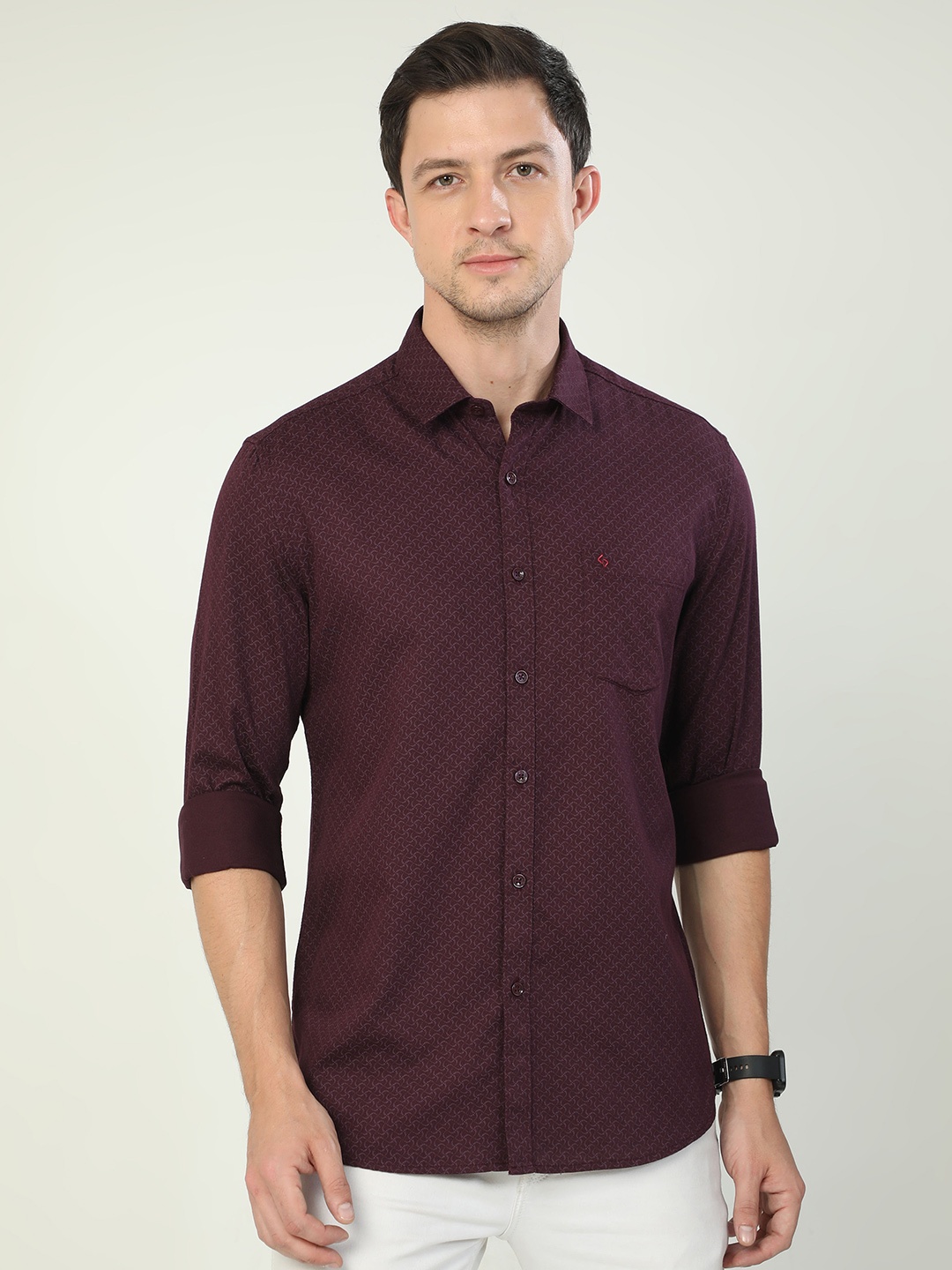 

Classic Polo India Slim Micro Ditsy Printed Slim Fit Cotton Casual Shirt, Burgundy