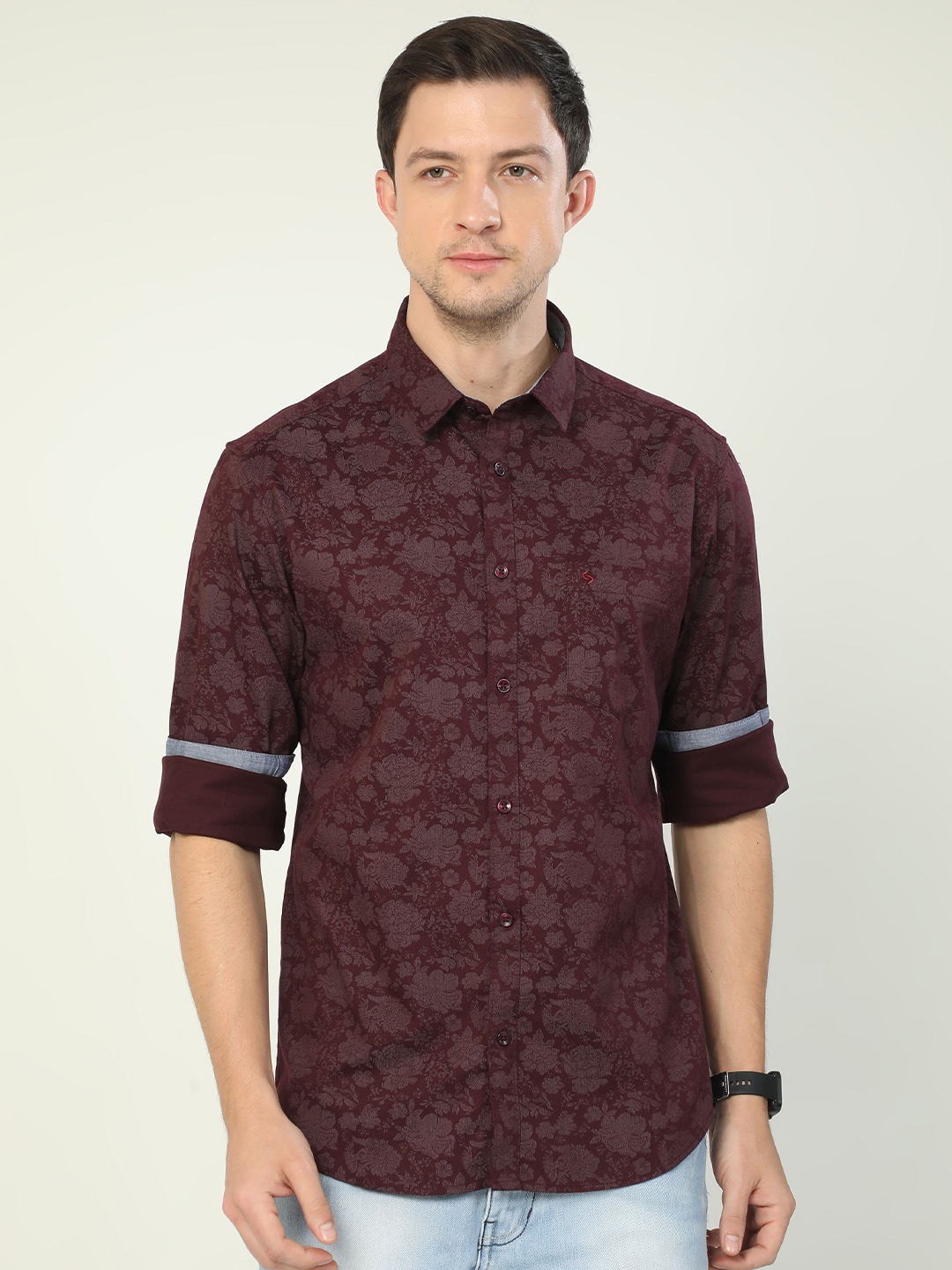 

Classic Polo Floral Printed India Slim Fit Floral Opaque Cotton Casual Shirt, Burgundy
